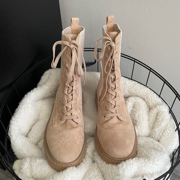 Sam Edelman Lydell Tan Lace Up Knit Sock Leather Combat Boots - Picture 2 of 5